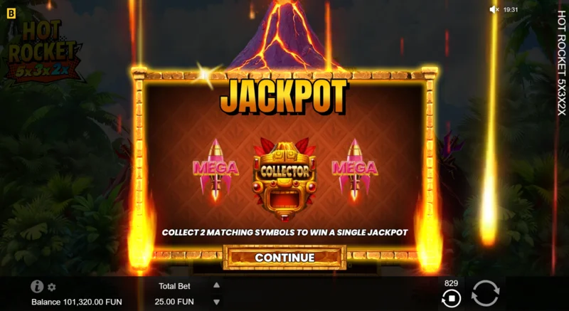 Hot Rocket 5x 3x 2x – spuštění Jackpot Spins s raketou-sběratelem uprostřed