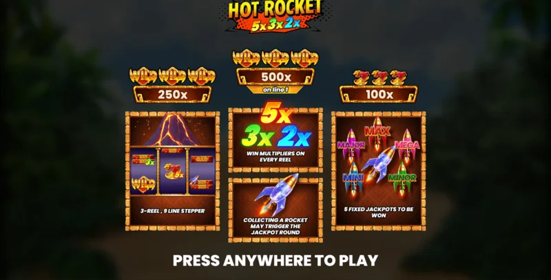 Hot Rocket 5x 3x 2x – hlavní menu s válci a tlačítkem start